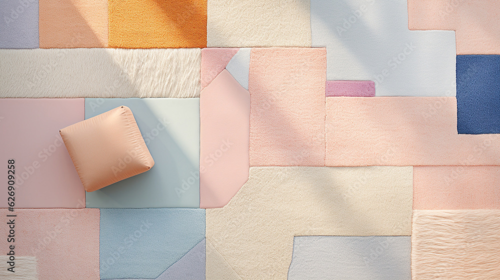 A vibrant patchwork quilt of pastel hues and playful patterns is invitingly spread atop a warm beige rectangle rug, creating a cozy and inviting atmosphere A vibrant patchwork quilt of pastel hues and playful patterns is invitingly spread atop a warm beige rectangle rug, creating a cozy and inviting atmosphere
