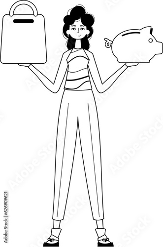 The daughter is holding a hoggish surfeit partake save bank and a stigmatize handcart . bootleg and white analogue stylus. Trendy style, Vector Illustration