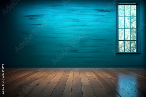 Modern Minimalism - Turquoise Empty Wall and Wooden Floor - Generative AI 
