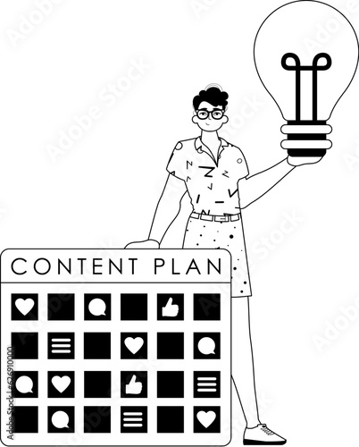 Guy , message plan and fall clean bulb . capable of social network . black and blank analogue vogue. Trendy style, Vector Illustration