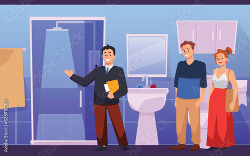 Realtor agent shows young couple restroom and bathroom in an apartment, house, real estate agency vector illustration