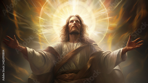 An awe-inspiring image of Jesus Christ, depicted with outstretched arms and a radiant halo, conveying love and compassion Generative AI