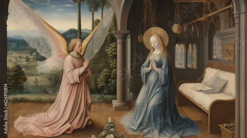 An enchanting image of the Annunciation, depicting the angel Gabriel appearing to Mary with the news of her divine pregnancy Generative AI photo