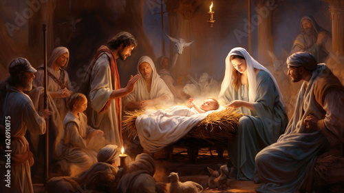 Fotografie, Obraz A captivating portrayal of the Nativity scene, with baby Jesus lying in the mang