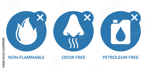Odor, Petroleum free, Non-flammable flat icons