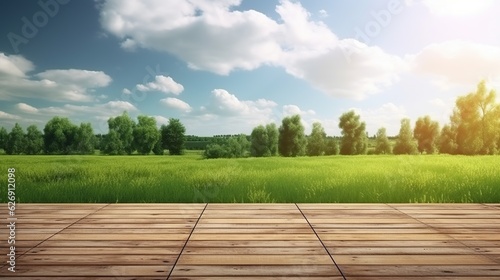 Wooden floor with meadow background against blue sky, natural eco-friendly design