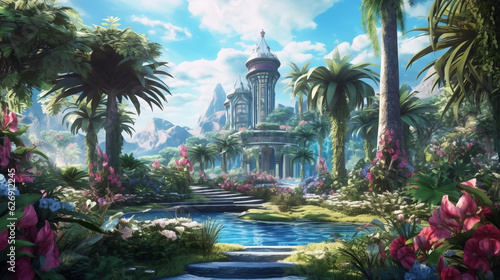 Imaginary Garden on an unknown planet with trees like palm many flowers and quiet water plus some temple parts with mountains and blue cloudy sky - AI Generated