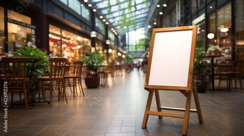 Small white board with wood frame on the Right of a Shopping mall interior street with empty tables and glass roof with morning light - AI generated