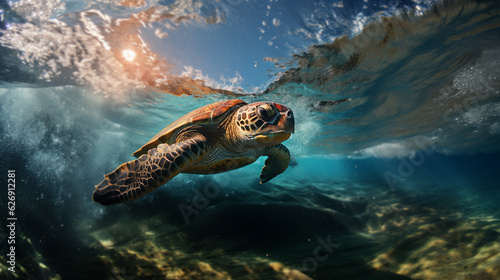 Close-up of a Beautiful Brown and Orange Turtle swimming just under the surface with a small deep and sunlight through the water - AI generated