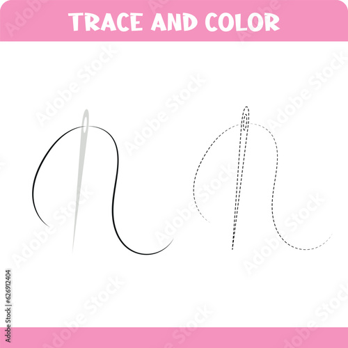 Trace and color educational worksheet for kids. Tracing objects. Activity color pages. Needle