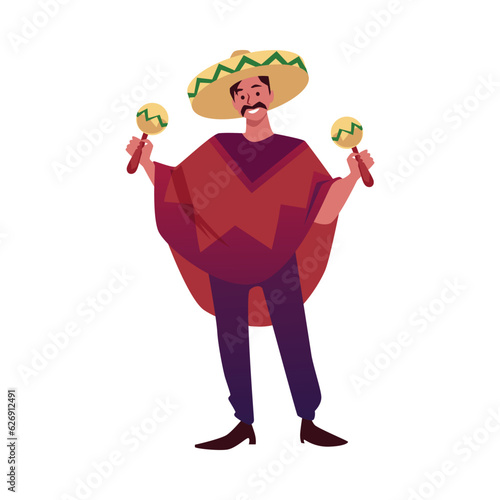 Mexican musician playing maracas, cartoon vector Mexican man in sombrero hat and poncho isolated on white background