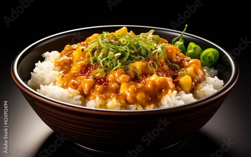 Rice with curry on white background. AKI