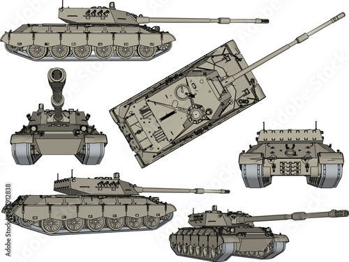 Sketch vector illustration of a tank with a combat war missile weapon ready to fire for battle