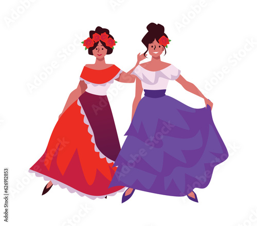 Mexican women in long traditional dress  white top blue and red wavy bottom  vector beautiful lady with flowers in head