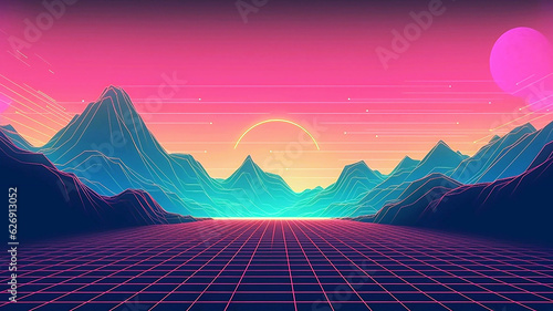 80s Retro Sci-Fi Background. Futuristic Sci-Fi Landscape.
