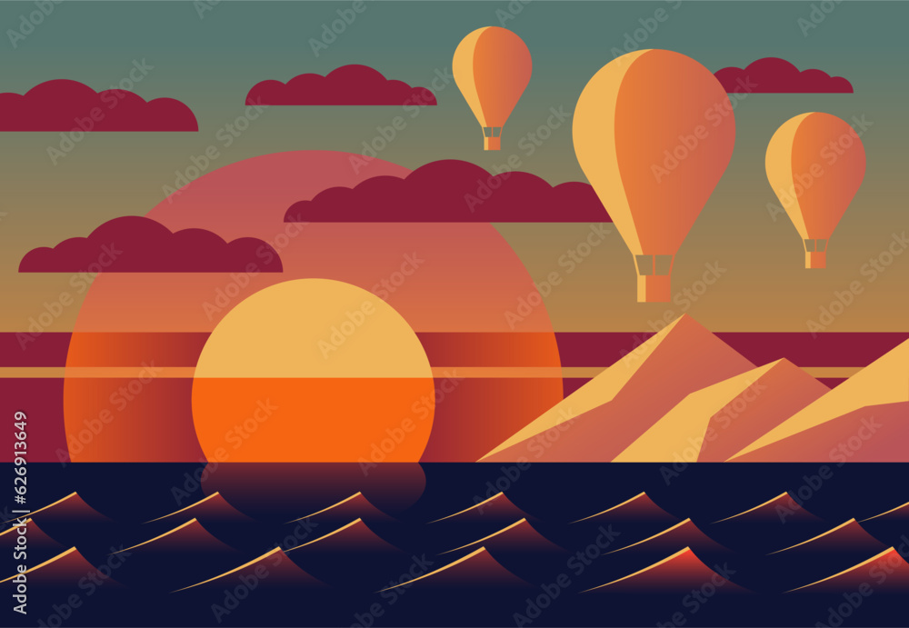 Abstract sunset - sea, sun and hot air balloons
