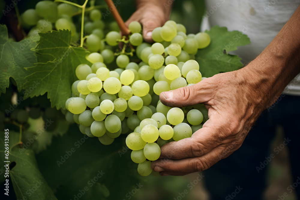 Obraz premium Farmer Handpicking Ripe Fresh White Grapes - Generative AI