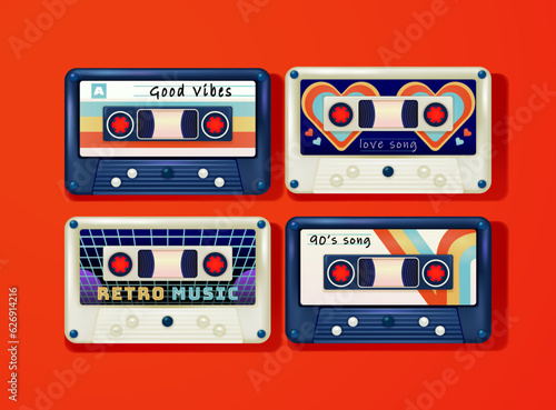 VHS Cassette. 3d vector of awesome super hits old tapes with rock, retro and love theme. 80s, 90s style, outdated technology and music concepts