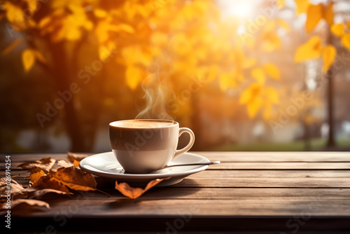 Warm Cup of Coffee with Fall Leaves - Generative AI