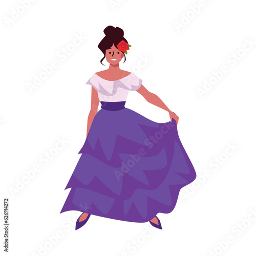 Mexican woman in long traditional dress  white top blue wavy bottom  vector beautiful lady with flower in head  flamenco