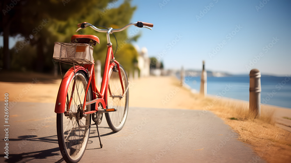 Un vélo garé au bord de mer sur un chemin.