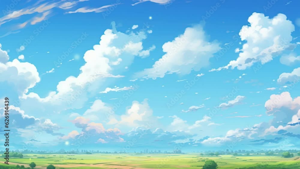 Beautiful landscape with clouds and sky. Cartoon or anime watercolor painting illustration style. seamless looping virtual vertical video animation background. Beautiful landscape with clouds and sky. Cartoon or anime watercolor painting illustration style. seamless looping virtual vertical video animation background.
