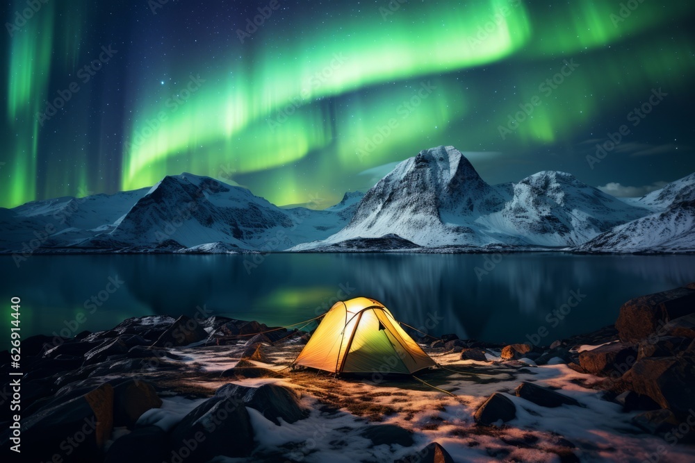Northern lights outdoors in the mountains. Beautiful illustration picture. Generative AI