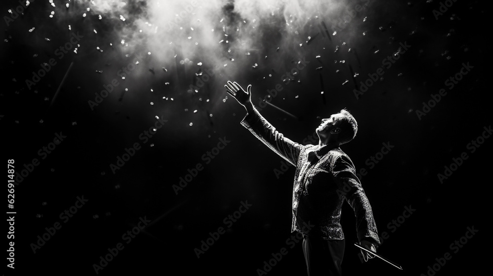 Orchestra conductor in action, seen from the orchestra's perspective, baton raised mid - motion, dramatic spotlight, black and white, high contrast, expressive Orchestra conductor in action, seen from the orchestra's perspective, baton raised mid - motion, dramatic spotlight, black and white, high contrast, expressive