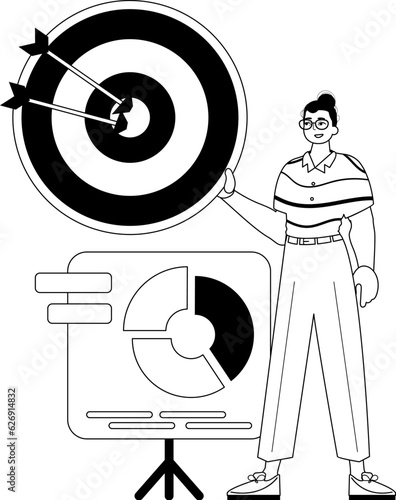 The guy with the chart . The arrow hits the prey . Black and White linear stylus. Trendy style, Vector Illustration