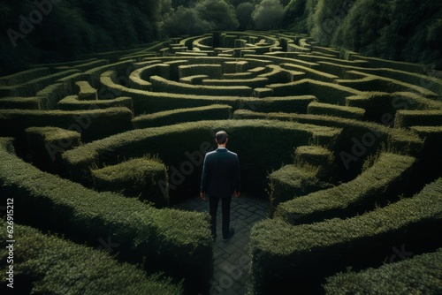 Rear view of man in a maze. Beautiful illustration picture. Generative AI