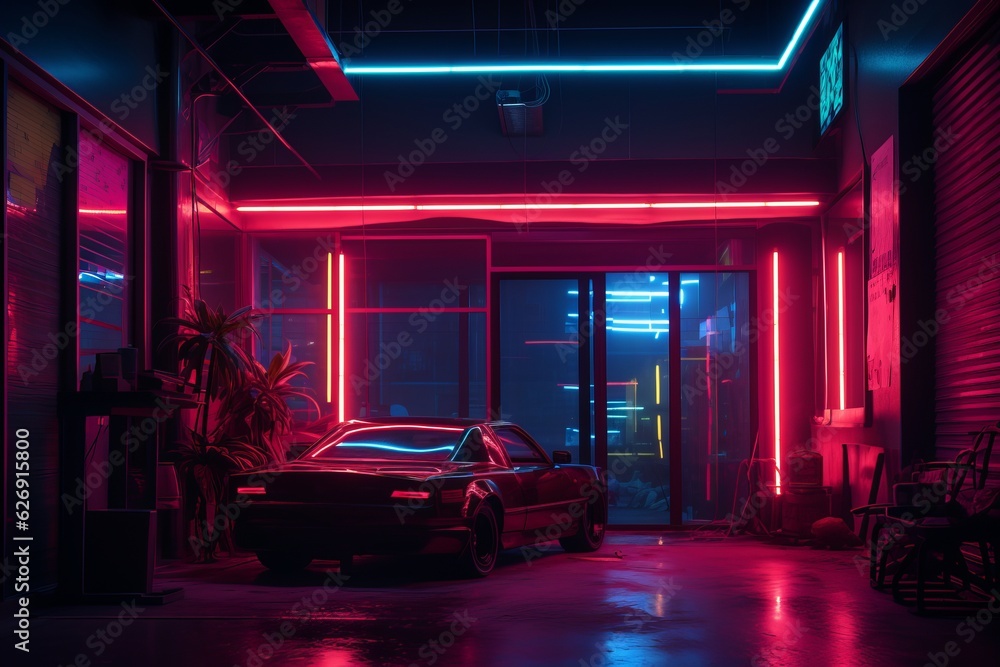 Car against the building at night in neon light. Beautiful illustration picture. Generative AI