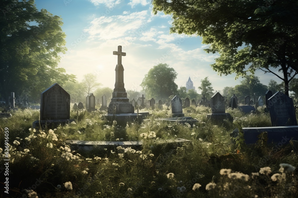 Cemetery on a summer day. Beautiful illustration picture. Generative AI