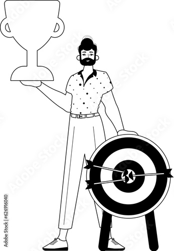 The Guy is holding a cup . home of victory . total darkness and whiten linear manner. Trendy style, Vector Illustration