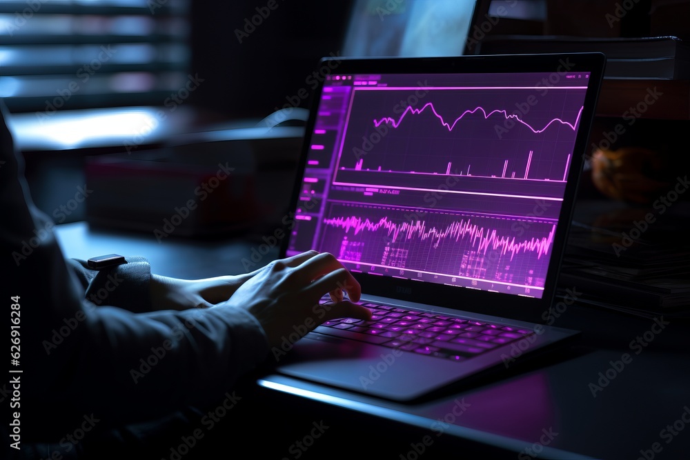 Man hands by laptop, stock trading graphics. Beautiful illustration picture. Generative AI Man hands by laptop, stock trading graphics. Beautiful illustration picture. Generative AI