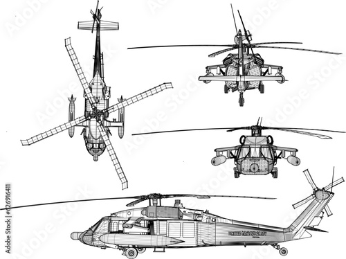 Sketch vector illustration of a war fighter helicopter with missile weapons photo