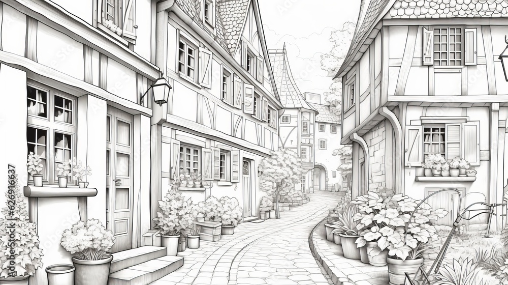Charming village in black and white. Beautiful illustration picture. Generative AI