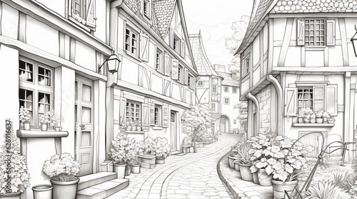 Charming village in black and white. Beautiful illustration picture. Generative AI © standret