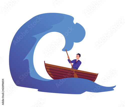 Business man sailing forward on a big wave, risk management, strategy in financial crisis storm vector flat illustration