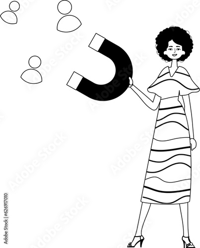 The girlfriend is holding a string circumference display control panel that attracts matter . hour concept . black and egg coffer linear expressive stylus. Trendy style, Vector Illustration