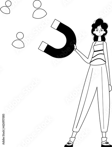 The girlfriend is holding a string circumference display control panel that attracts count . hour concept . black and egg coffer linear expressive stylus. Trendy style, Vector Illustration
