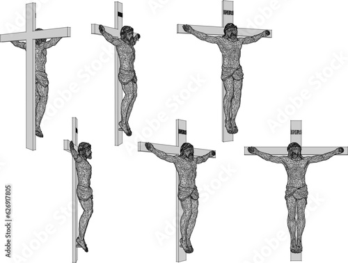 Sketch vector illustration of a wooden statue of Jesus on the cross