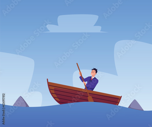 Business man floats in boat among sharks, Insurance and protection in financial crisis storm vector flat illustration