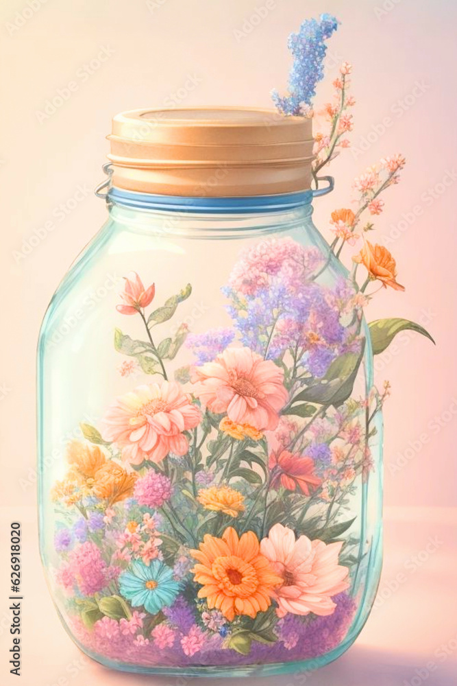 Light Blue Glass Jar With Dry Daisies, Sunflowers, and Lavender Clipart Light Blue Glass Jar With Dry Daisies, Sunflowers, and Lavender Clipart