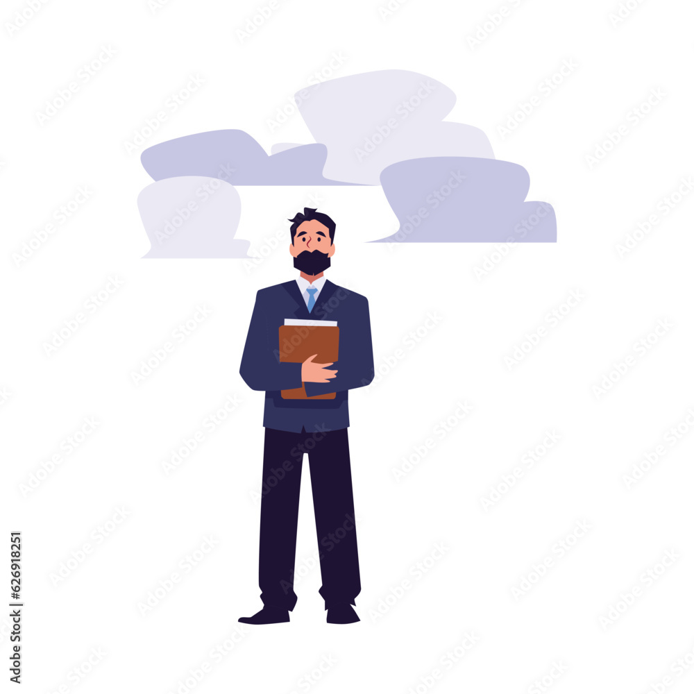 Businessman with documents stands under the cloud, business mistake, risk management, unprotect vector flat illustration Businessman with documents stands under the cloud, business mistake, risk management, unprotect vector flat illustration