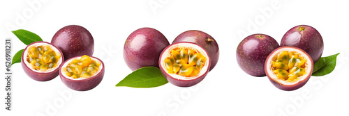 Fresh passion fruit with green leaves isolated on transparent background