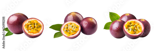 Fresh passion fruit with green leaves isolated on transparent background