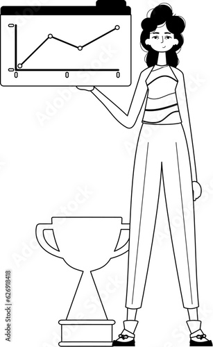The female child holds a graph of kernel with cocksure moral motivate . blacken and testis white analogue stylus. Trendy style, Vector Illustration