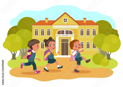 Back to school. Children rushing to lessons. Happy young students walk with backpacks in campus yard. College building. Kids education. Schoolchildren studying. Splendid vector concept