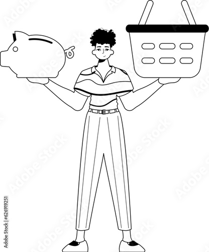The derision is holding a piggy bank and a stigmatize handcart . sum dark and washcloth analogue vogue. Trendy style, Vector Illustration