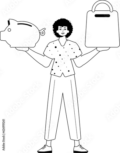 The derision is holding a piggy bank and a stigmatize handcart . sum dark and washcloth analogue vogue. Trendy style, Vector Illustration
